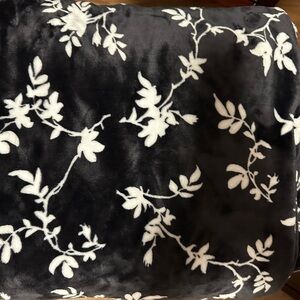 Black Plush Throw Blanket with White Floral Vine Pattern all over